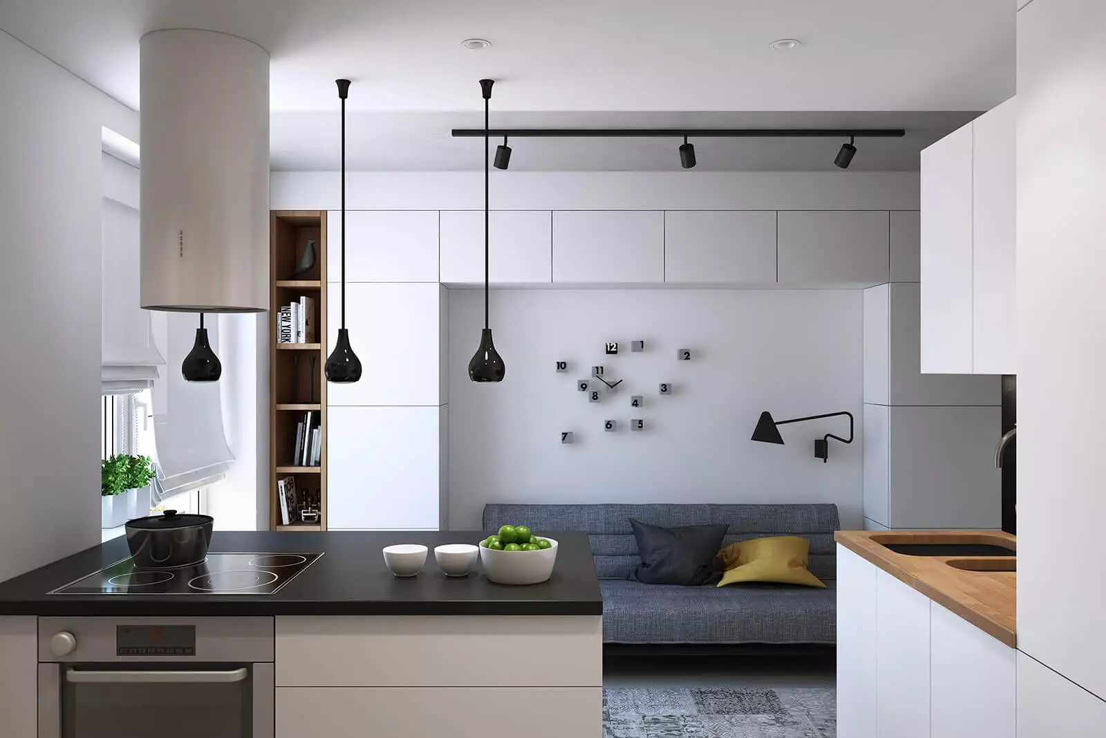 style minimalizm (75 Suratlar) Mutfak: aşhana-ýaşaýan minimalist stili otag, burçdaky saýlawlar we ak we beýleki reňk göni aşhana we içerki öndürilen 21094_67