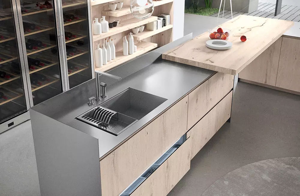 Kitchens with a gray table top (42 photos): white and beige glossy kitchen design with a gray table top and apron, concrete table tops in the interior 21102_14