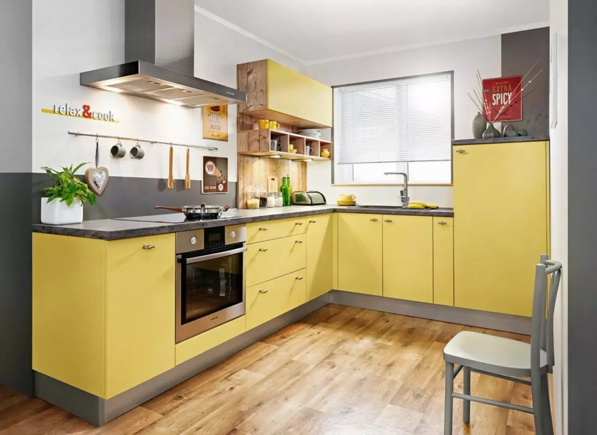 Kitchens with a gray table top (42 photos): white and beige glossy kitchen design with a gray table top and apron, concrete table tops in the interior 21102_28