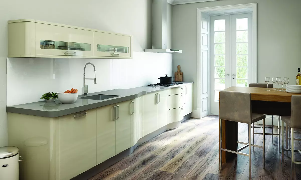 Dapur dengan top meja abu-abu (42 foto): Desain dapur putih dan krem ​​glossy dengan top meja abu-abu dan apron, atasan meja beton di interior 21102_7