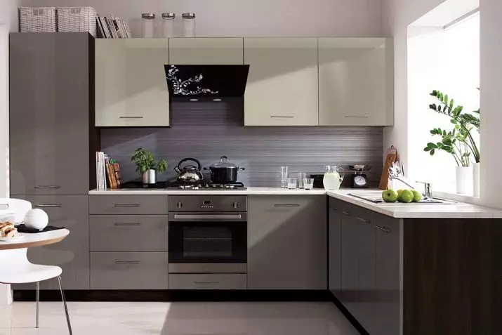 Kaksiväriset keittiöt (75 kuvaa): Kahden eri värin yhdistelmät, keittiöt, joissa on tumma ratsastus ja kevyt pohja sisustuksessa, kaksiväriset keittiön kuulokkeet, joissa on harmaa pohja ja beige ratsastus 21104_66