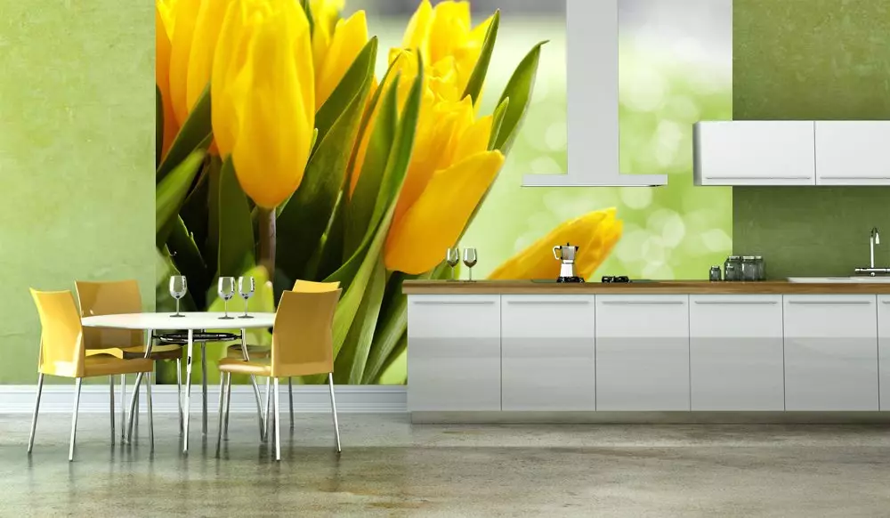 Vægmaleri til køkkenet (99 billeder): Baggrunde i indretning, ideer til lille køkken, foto tapet med grønne tulipaner og orkideer samt med andre blomster og byer 21110_47