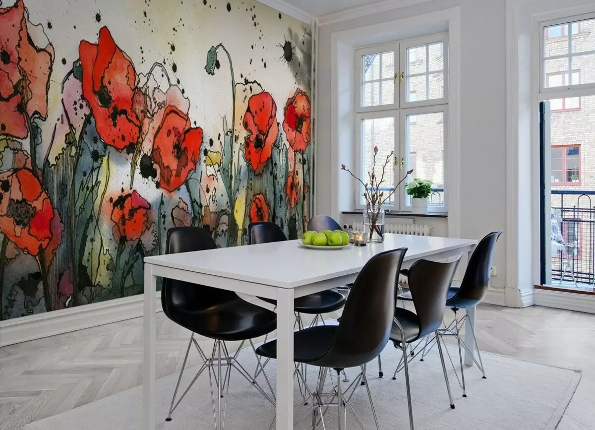 Vægmaleri til køkkenet (99 billeder): Baggrunde i indretning, ideer til lille køkken, foto tapet med grønne tulipaner og orkideer samt med andre blomster og byer 21110_5