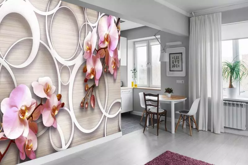 Mural de la paret de la cuina (99 fotos): paper de paret de disseny d'interiors, idees per a la petita cuina, Fons de pantalla amb tulipes i orquídies verdes, així com amb altres flors i ciutats 21110_51