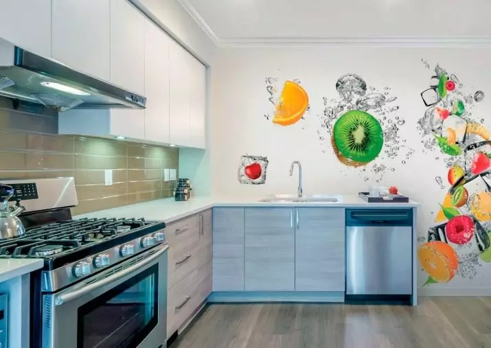 جدارية جدارية إلى المطبخ (99 صورة): خلفيات في التصميم الداخلي، أفكار للمأكولات الصغيرة، ورق الجدران صور مع الزنبق الأخضر والسابقين، وكذلك مع الزهور والمدن الأخرى 21110_66
