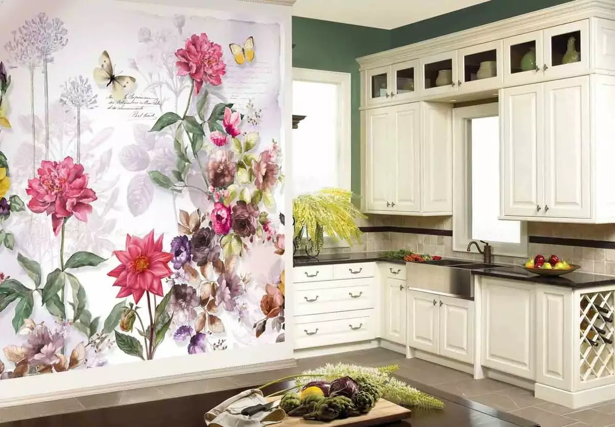 باورچی خانے کے لئے دیوار کی دیوار (99 فوٹو): داخلہ ڈیزائن میں وال پیپر، چھوٹے کھانا کے خیالات، سبز ٹولپس اور آرکائڈ کے ساتھ ساتھ دیگر پھولوں اور شہروں کے ساتھ تصویر وال پیپر 21110_80