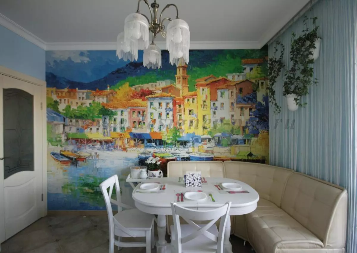 Wall mural to the kitchen (99 photos): wallpapers in interior design, ideas for small cuisine, photo wallpaper with green tulips and orchids, as well as with other flowers and cities 21110_89