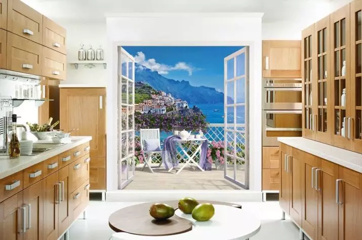 Vægmaleri til køkkenet (99 billeder): Baggrunde i indretning, ideer til lille køkken, foto tapet med grønne tulipaner og orkideer samt med andre blomster og byer 21110_95