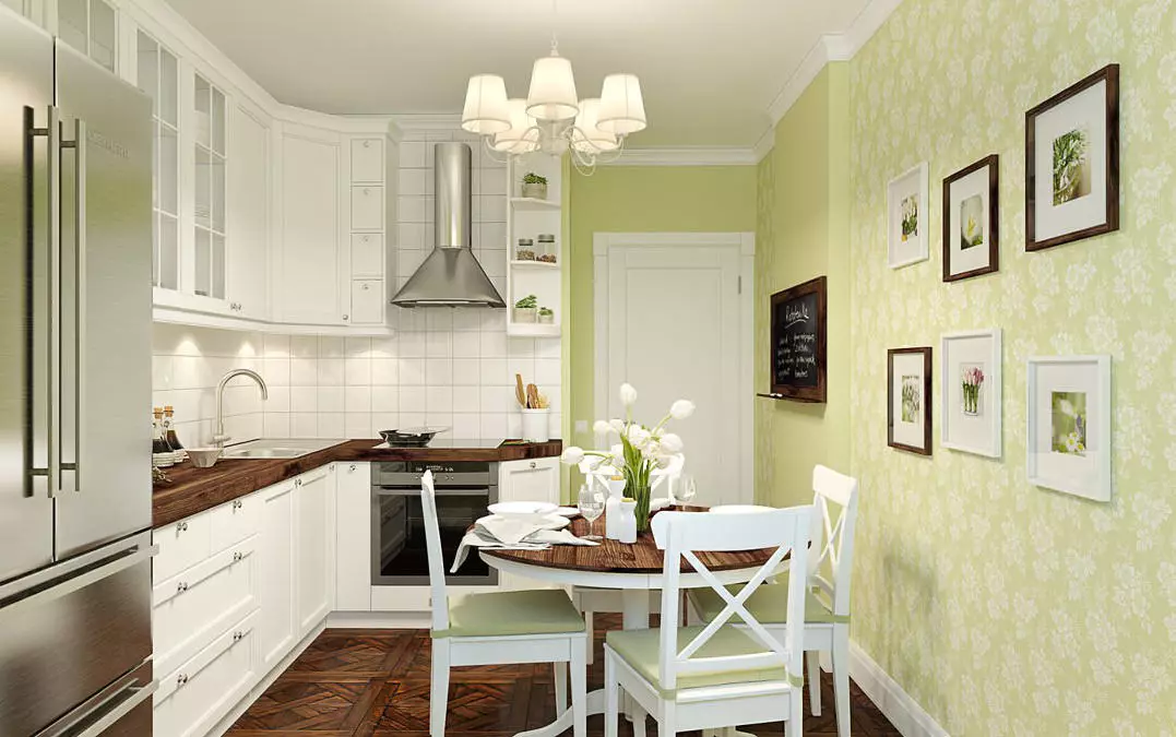Wallpaper untuk dapur putih (43 foto): Wallpaper apa yang cocok untuk headset dapur ringan? Bagaimana cara mengambilnya? Opsi interior 21112_22