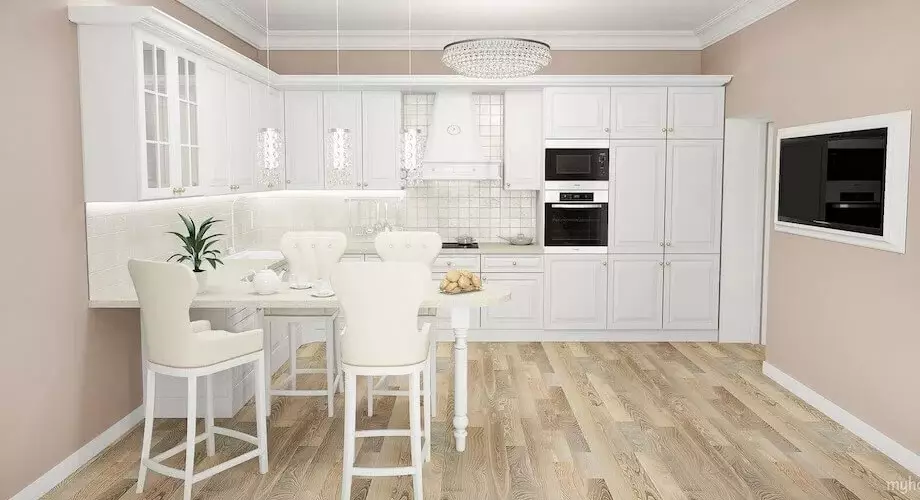 Baltos virtuvės tapetai (43 nuotraukos): Kokie tapetai tinka šviesos virtuvės ausinėms? Kaip juos pasiimti? Interjero galimybės 21112_28