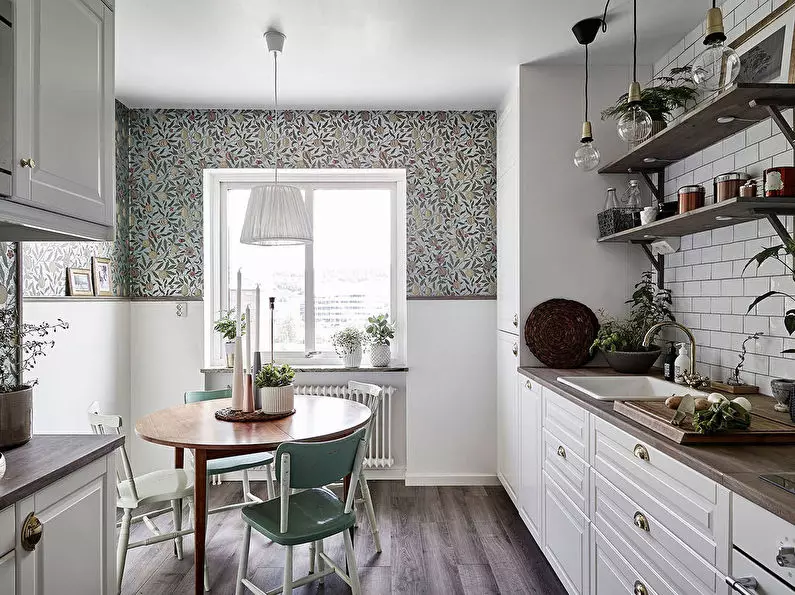 Virtuvės tapetai (102 nuotraukos): virtuvės tapetų dizainas virtuvės sienoms bute, gražiose šviesios, ryškios ir kitos tapetų parinktys interjere 21113_34