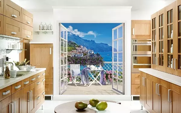 Fons de Pantalla de cuina (102 fotos): cuina disseny de el paper pintat per parets de la cuina a l'apartament, força brillant, brillant i altres opcions de paper tapís a l'interior 21113_40