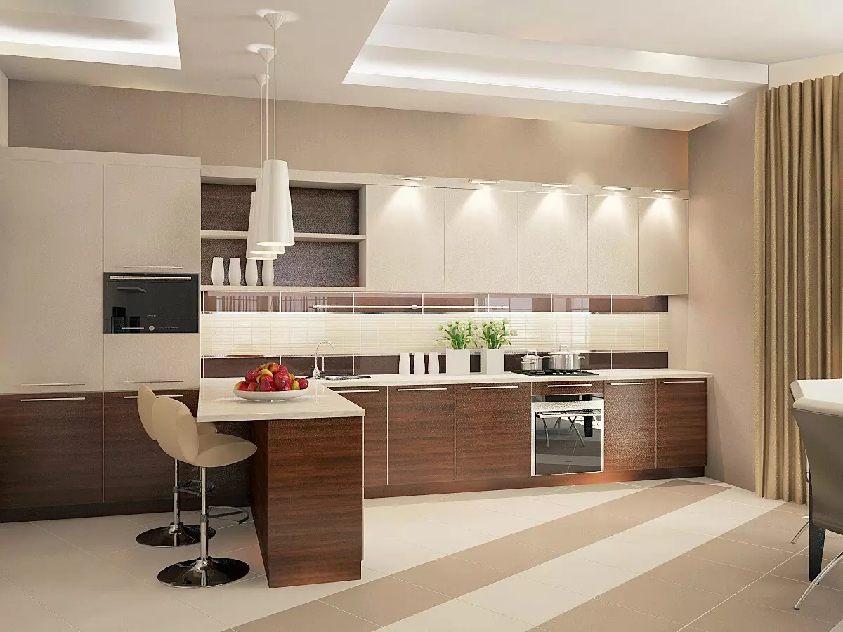 Beige-Brown Kitchen (48 foto's): ontwerp en selectie van keuken headset in chocolade-beige kleuren, voorbeelden in het interieur 21119_6