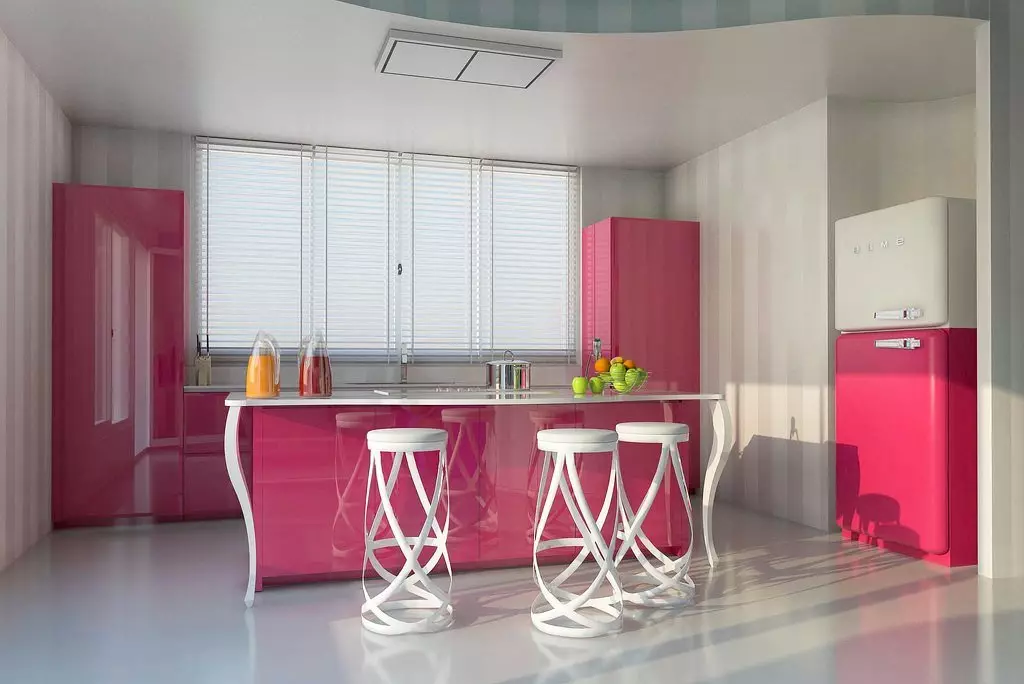 Pink Kuhinje (87 fotografij): Izberite kuhinjske slušalke v seron in belo-roza barvo v notranjosti. V katerih barvah, da izberejo ozadje na stenah? 21121_14