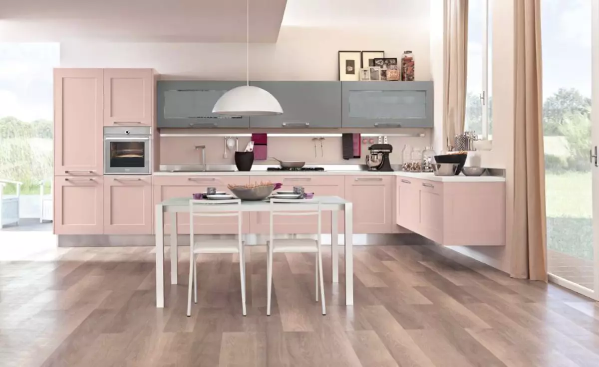 Vaaleanpunaiset keittiöt (87 kuvaa): Valitse seronin ja valkoisen vaaleanpunaisen värin keittiön kuuloke. Missä väreissä valita taustakuva seinillä? 21121_16