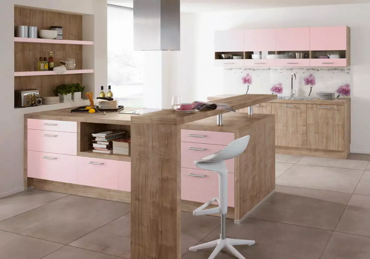 Pink Kuhinje (87 fotografij): Izberite kuhinjske slušalke v seron in belo-roza barvo v notranjosti. V katerih barvah, da izberejo ozadje na stenah? 21121_17