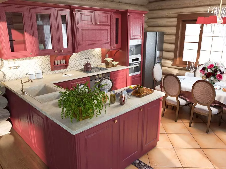 Pink Kuhinje (87 fotografij): Izberite kuhinjske slušalke v seron in belo-roza barvo v notranjosti. V katerih barvah, da izberejo ozadje na stenah? 21121_20