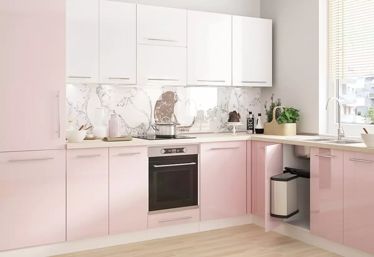 Rožinės virtuvės (87 nuotraukos): pasirinkite virtuvės ausines į serono ir baltos spalvos spalvą interjere. Kokiomis spalvomis pasirinkti tapetai ant sienų? 21121_22
