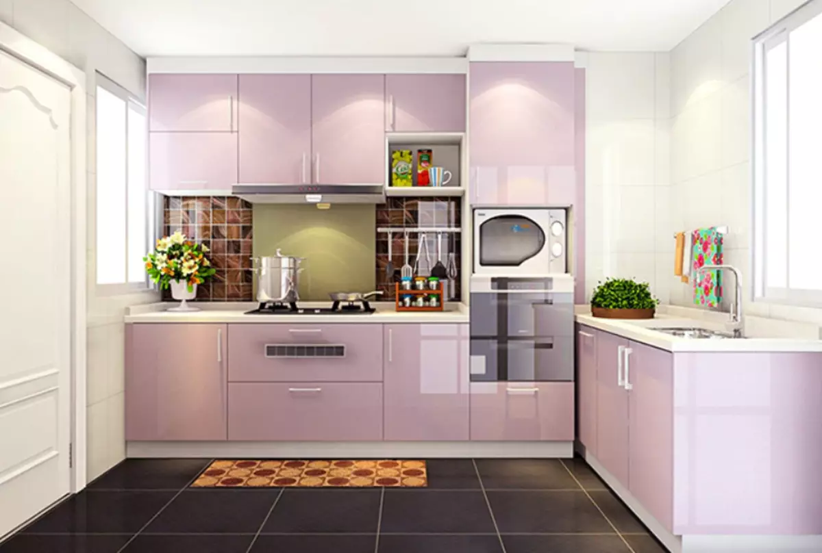 Nhà bếp màu hồng (87 ảnh): Chọn một tai nghe nhà bếp trong màu sắc Seron và màu trắng hồng trong nội thất. Trong màu nào để chọn hình nền trên tường? 21121_23