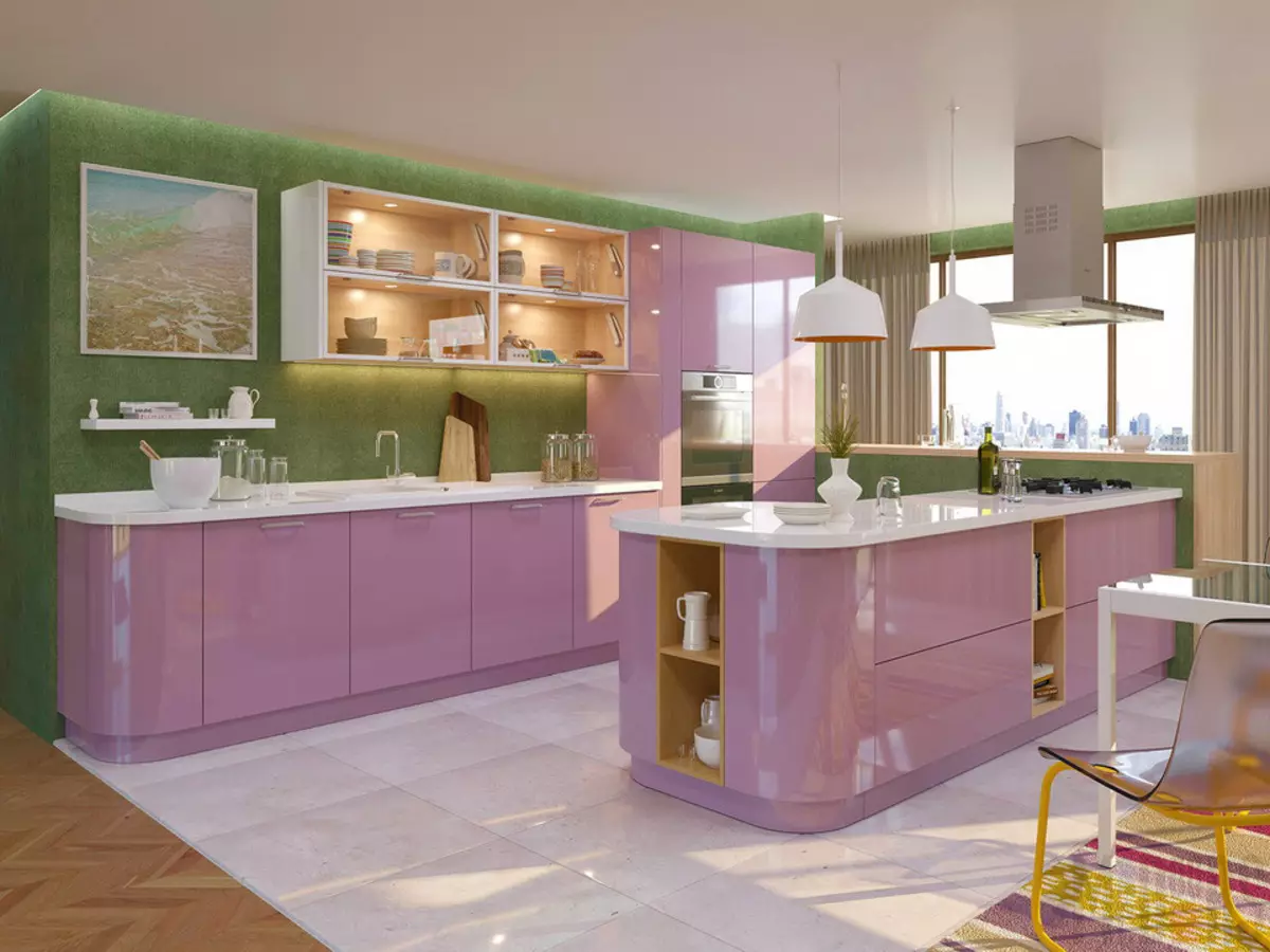 Cozinhas cor-de-rosa (87 fotos): Escolha um fone de ouvido de cozinha em seron e cor rosa-rosa no interior. Em quais cores para escolher papel de parede nas paredes? 21121_26