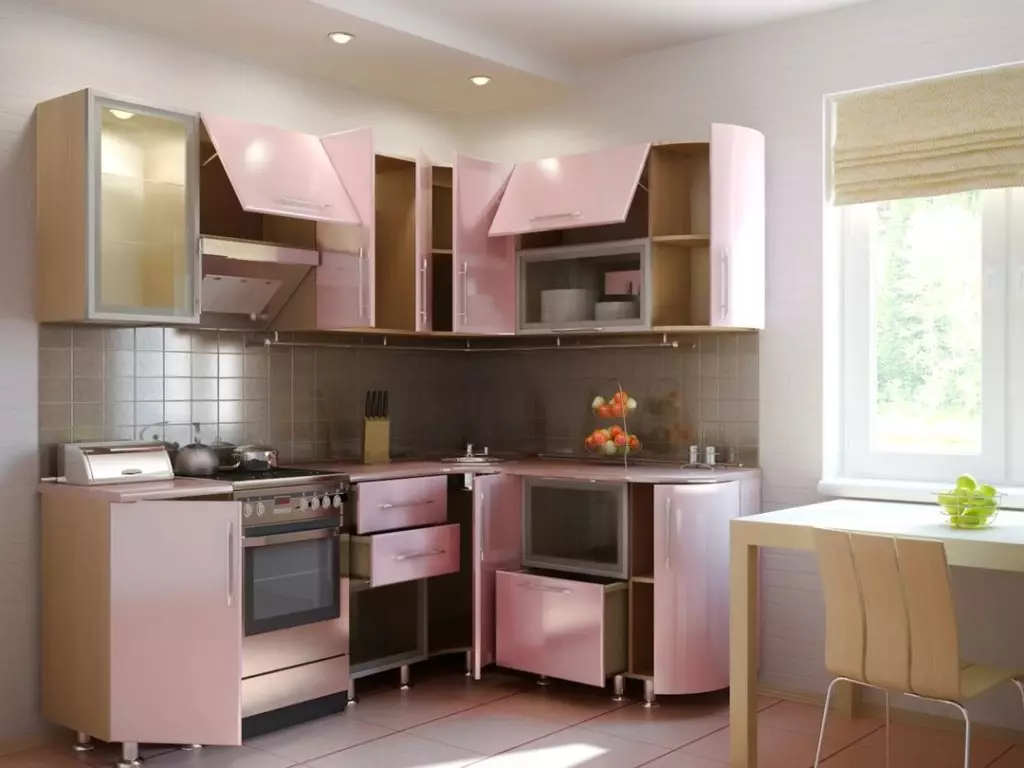 Pink Kitchens（87枚の写真）：内部のセロンとホワイトピンク色のキッチンヘッドセットを選択してください。壁の上に壁紙を選択する色はどの色ですか？ 21121_3
