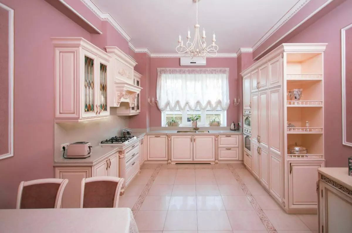 핑크 주방 (87 사진) : 인테리어의 Seron 및 White-Pink 색상의 주방 헤드셋을 선택하십시오. 벽면에서 벽지를 선택하는 색상은 무엇입니까? 21121_30