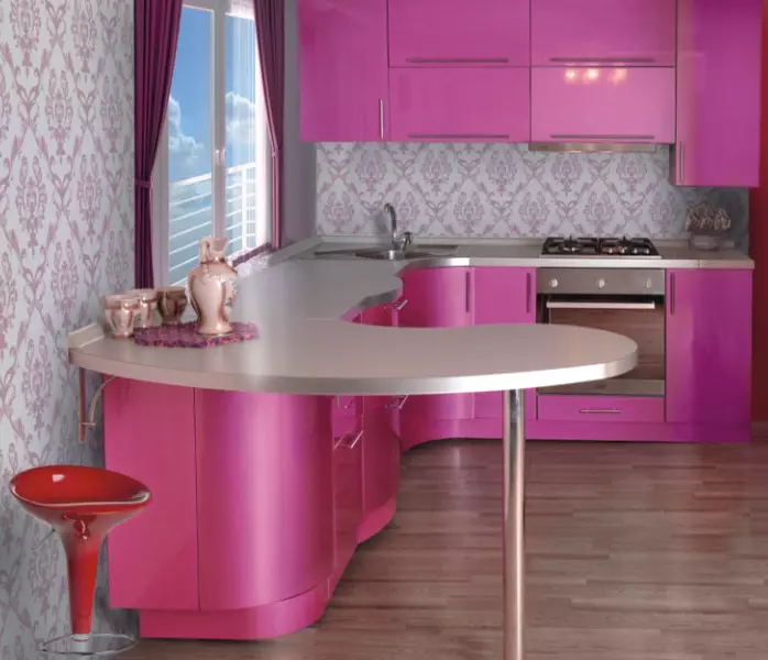Cozinhas cor-de-rosa (87 fotos): Escolha um fone de ouvido de cozinha em seron e cor rosa-rosa no interior. Em quais cores para escolher papel de parede nas paredes? 21121_31