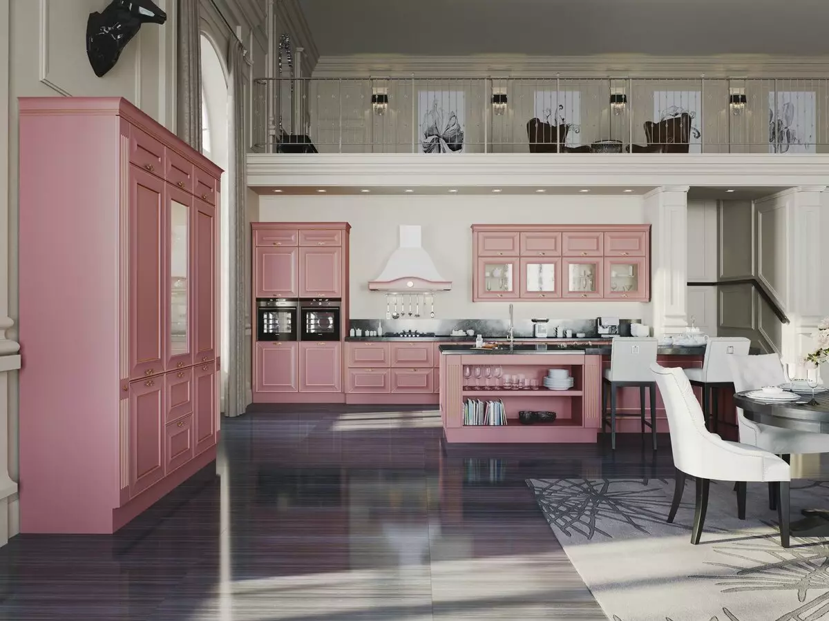 Nhà bếp màu hồng (87 ảnh): Chọn một tai nghe nhà bếp trong màu sắc Seron và màu trắng hồng trong nội thất. Trong màu nào để chọn hình nền trên tường? 21121_32