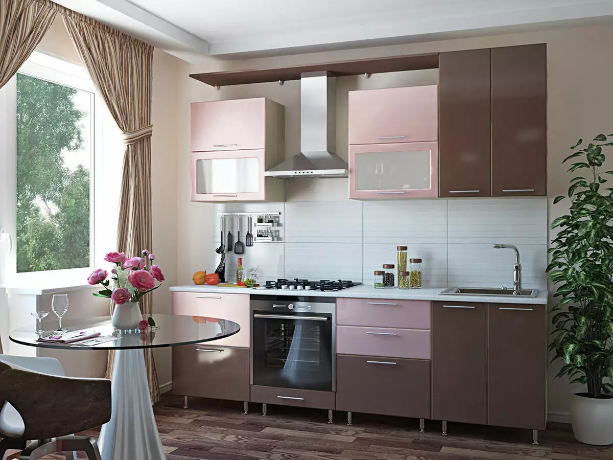 Rožinės virtuvės (87 nuotraukos): pasirinkite virtuvės ausines į serono ir baltos spalvos spalvą interjere. Kokiomis spalvomis pasirinkti tapetai ant sienų? 21121_35