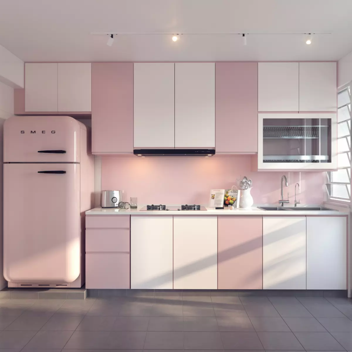 Pink Kitchens (87 foto's): Kies in keukenopset yn Seron en White-Pink Kleur yn it ynterieur. Yn hokker kleuren om wallpaper op 'e muorren te kiezen? 21121_38