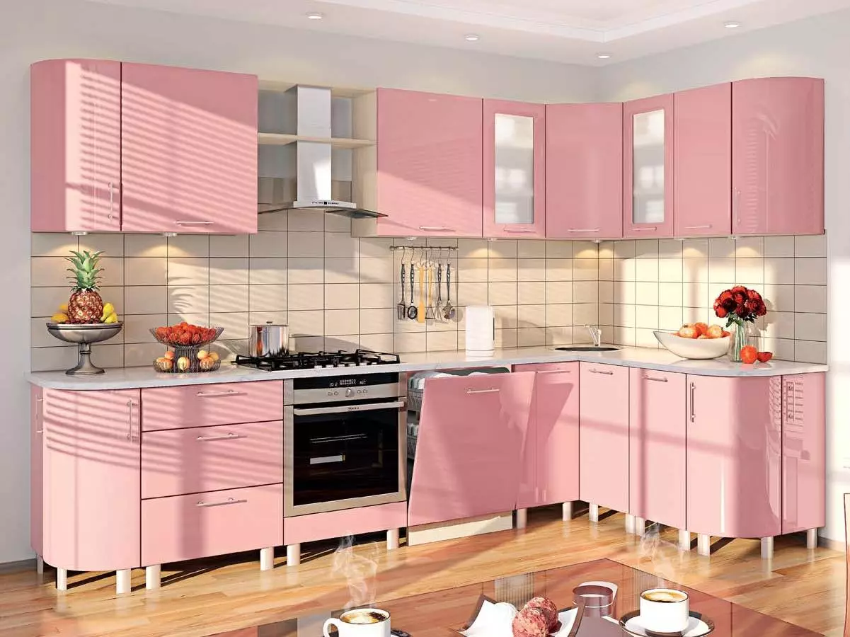 Ružové kuchyne (87 fotografií): Vyberte si kuchynskú headsetu v Serone a bielej farbe v interiéri. V ktorých farby si vybrať tapetu na stenách? 21121_4