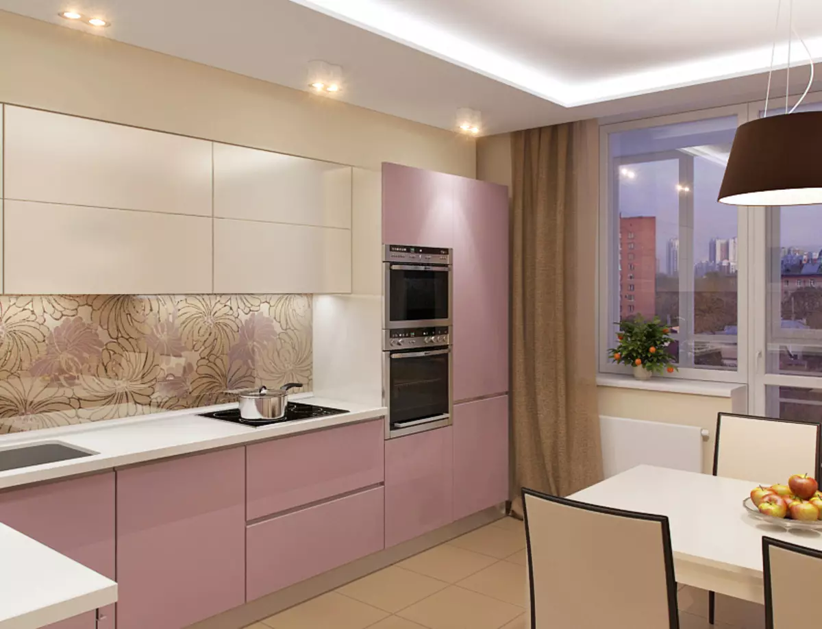 Pink Kuhinje (87 fotografij): Izberite kuhinjske slušalke v seron in belo-roza barvo v notranjosti. V katerih barvah, da izberejo ozadje na stenah? 21121_44
