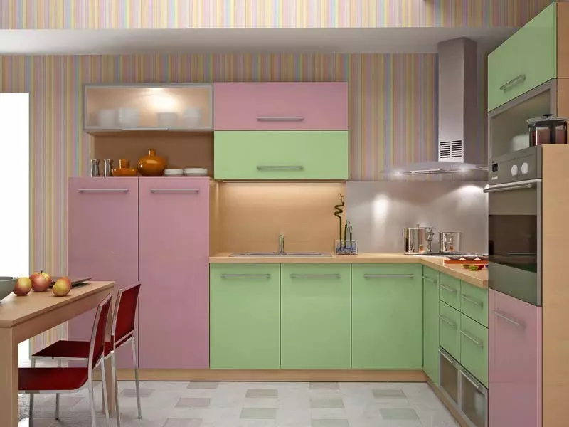 Vaaleanpunaiset keittiöt (87 kuvaa): Valitse seronin ja valkoisen vaaleanpunaisen värin keittiön kuuloke. Missä väreissä valita taustakuva seinillä? 21121_55