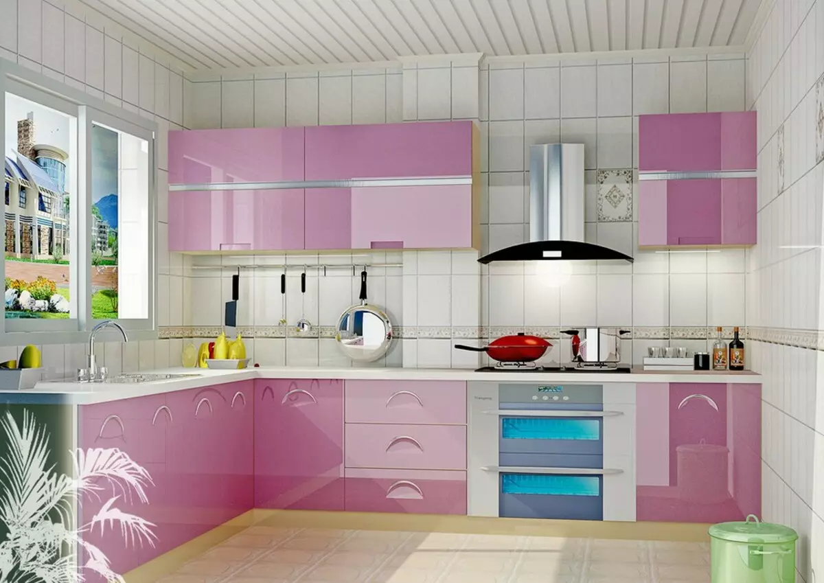 ვარდისფერი სამზარეულოები (87 ფოტო): აირჩიეთ სამზარეულოს ყურსასმენი Seron და თეთრი ვარდისფერი ფერის ინტერიერში. რომელი ფერები უნდა აირჩიოს ფონი კედლები? 21121_57