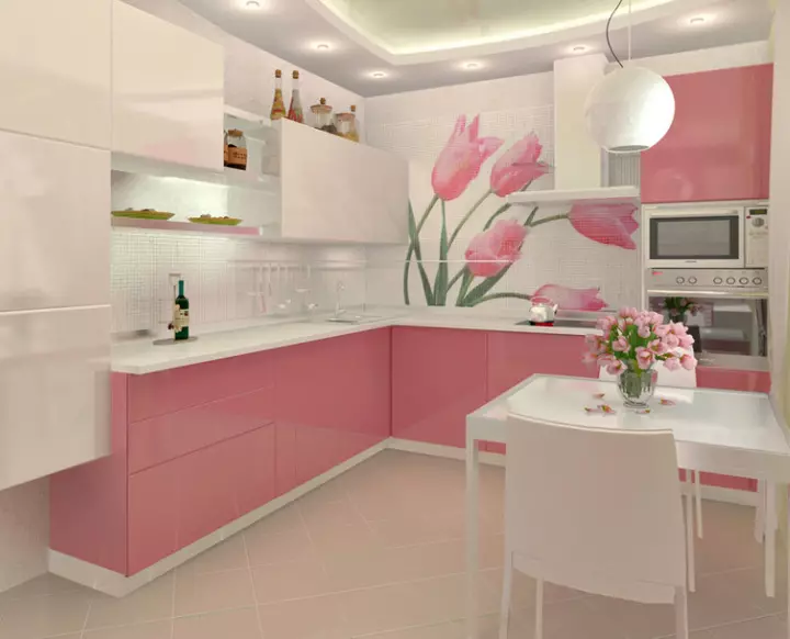 Pink Kitchens（87枚の写真）：内部のセロンとホワイトピンク色のキッチンヘッドセットを選択してください。壁の上に壁紙を選択する色はどの色ですか？ 21121_59
