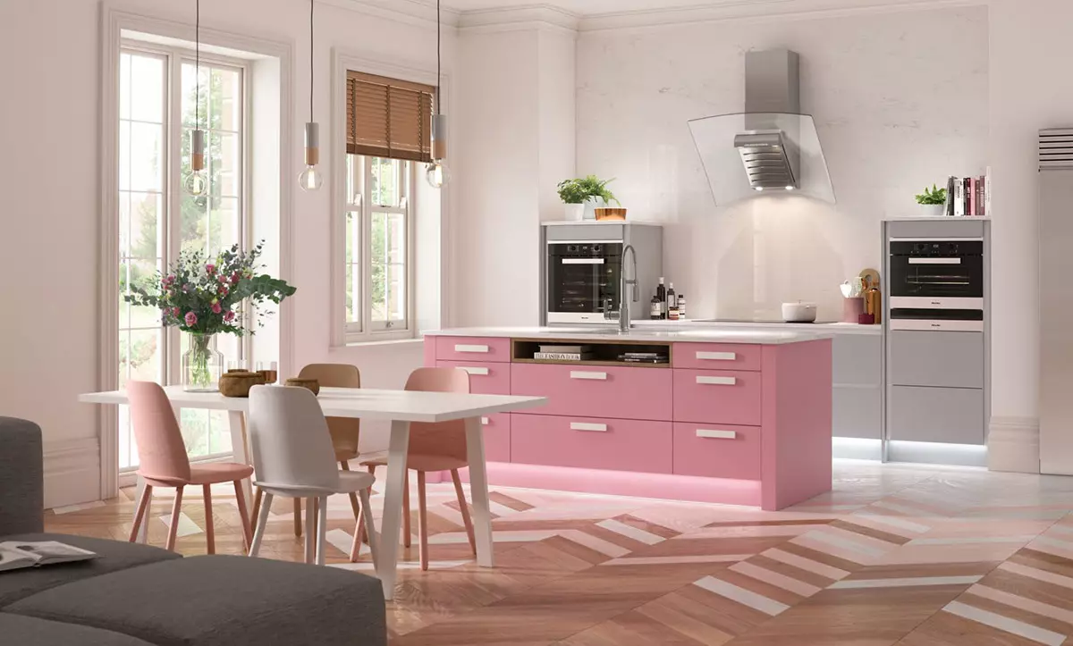 Cuines roses (87 fotos): Trieu els auriculars de la cuina en seron i color blanc-rosa a l'interior. En quins colors triar fons de pantalla a les parets? 21121_60