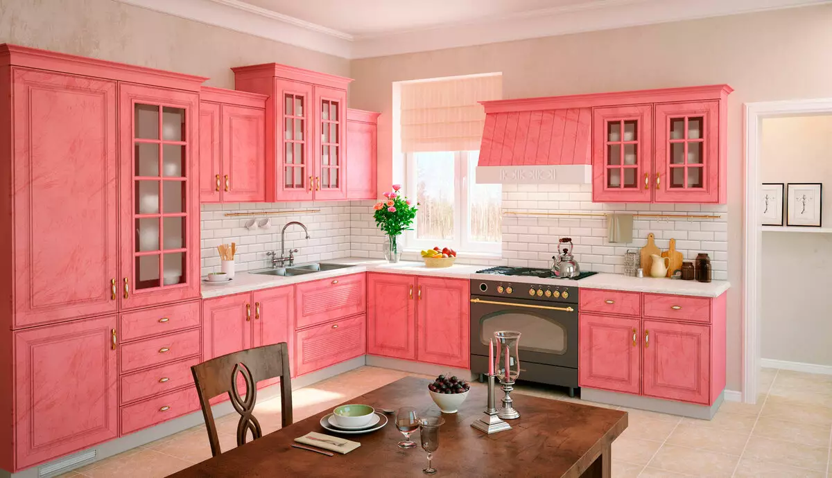 Розови кухни (87 снимки): Изберете кухненски слушалки в Seron и бял розов цвят в интериора. В какви цветове да изберат тапети по стените? 21121_64