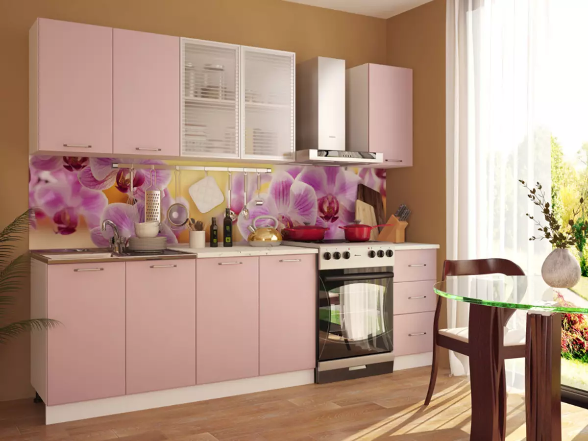 Pink kjøkken (87 bilder): Velg et kjøkkenhodesett i seron og hvitrosa farge i interiøret. I hvilke farger å velge bakgrunn på veggene? 21121_7