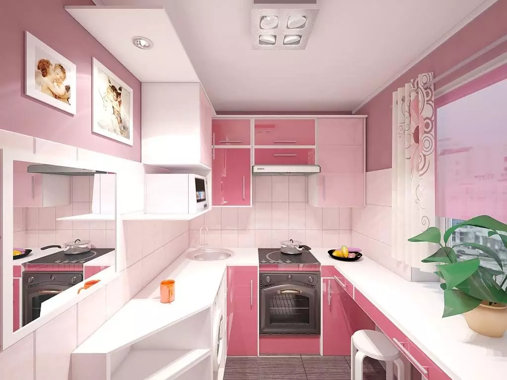 Rožinės virtuvės (87 nuotraukos): pasirinkite virtuvės ausines į serono ir baltos spalvos spalvą interjere. Kokiomis spalvomis pasirinkti tapetai ant sienų? 21121_76