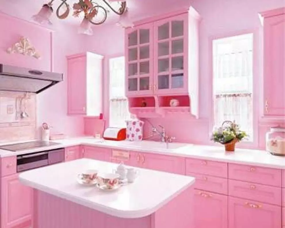 Cozinhas cor-de-rosa (87 fotos): Escolha um fone de ouvido de cozinha em seron e cor rosa-rosa no interior. Em quais cores para escolher papel de parede nas paredes? 21121_79