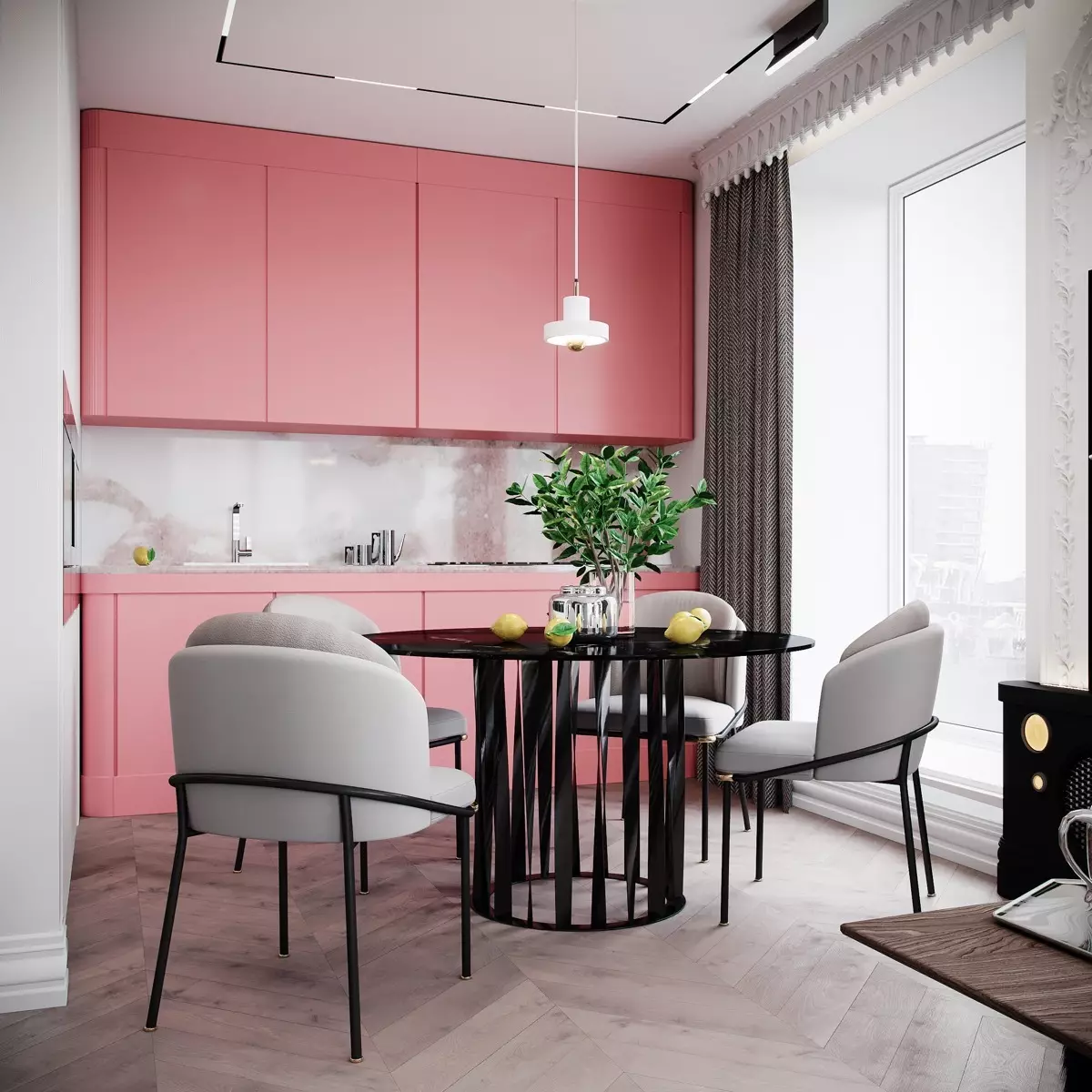 Pink Kitchens (87 foto's): Kies in keukenopset yn Seron en White-Pink Kleur yn it ynterieur. Yn hokker kleuren om wallpaper op 'e muorren te kiezen? 21121_8