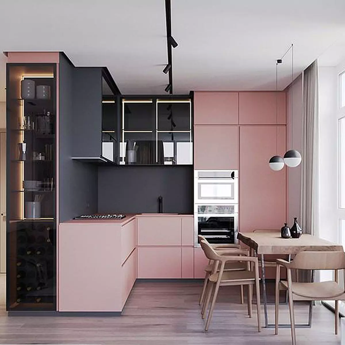 गुलाबी किचन (87 फोटो): इंटीरियरमध्ये सेरेन आणि पांढर्या-गुलाबी रंगात स्वयंपाकघर हेडसेट निवडा. भिंतीवर वॉलपेपर कोणते रंग निवडायचे? 21121_85