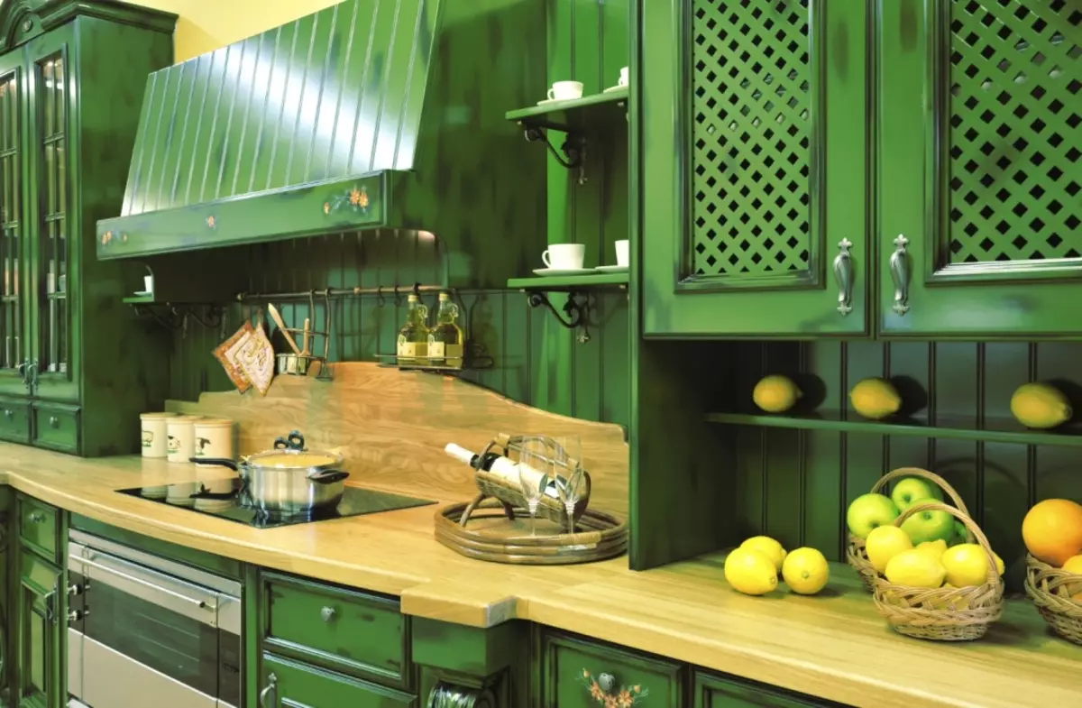 ألوان المطبخ مع طاولة خشبية أعلى (44 صور): الرمادي والأزرق والأسود ومشرقة سماعات المطبخ مع ساحة وطاولة خشب أعلى في المناطق الداخلية 21134_22