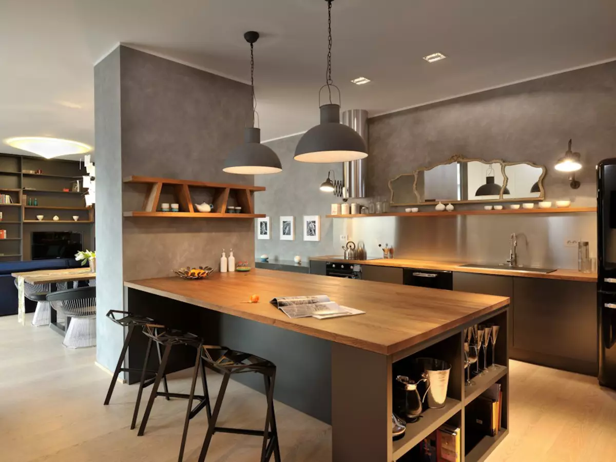 Κουζίνα χρώματα με ξύλινο τραπέζι (44 φωτογραφίες): Γκρι και μπλε, μαύρα και φωτεινά ακουστικά κουζίνας με ποδιά και ξύλινη τραπεζαρία στο εσωτερικό 21134_38
