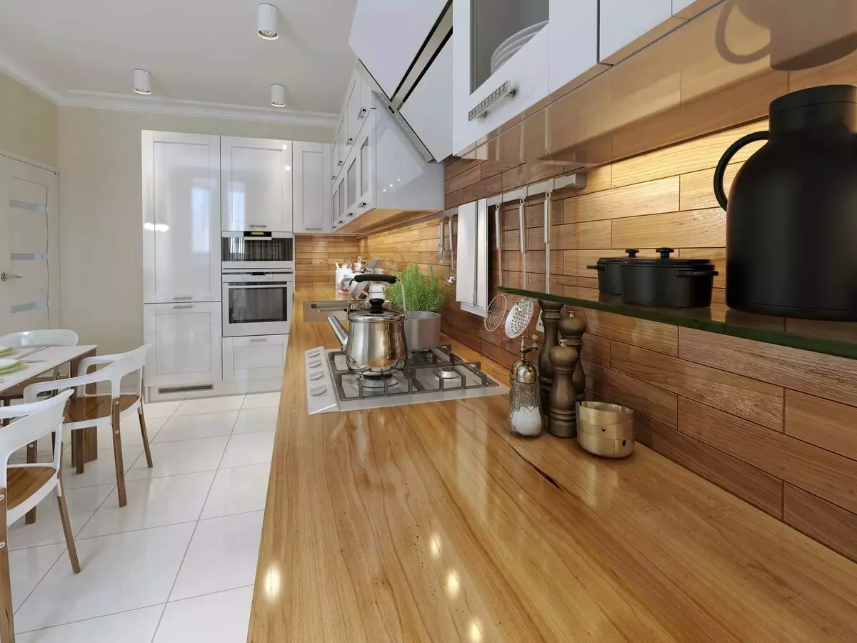 Κουζίνα χρώματα με ξύλινο τραπέζι (44 φωτογραφίες): Γκρι και μπλε, μαύρα και φωτεινά ακουστικά κουζίνας με ποδιά και ξύλινη τραπεζαρία στο εσωτερικό 21134_39