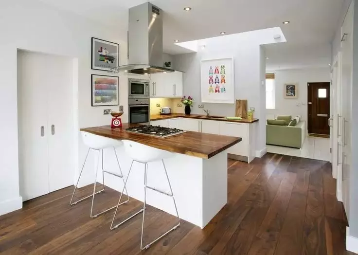 Cuisine Colors na may Wooden Table Top (44 Photos): Grey at Blue, Black and Bright Kitchen Headsets na may apron at wood table Top In The Interior 21134_41