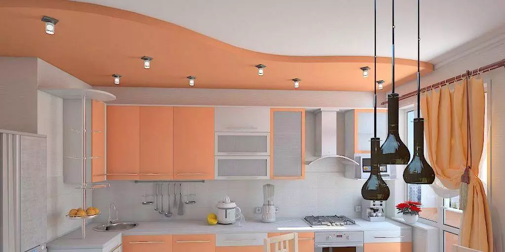 Plafoane de buzunar în bucătărie (75 de fotografii): plafoane cu gips carton cu două niveluri în designul bucătăriei, variante de figuri pe tavan 21137_39