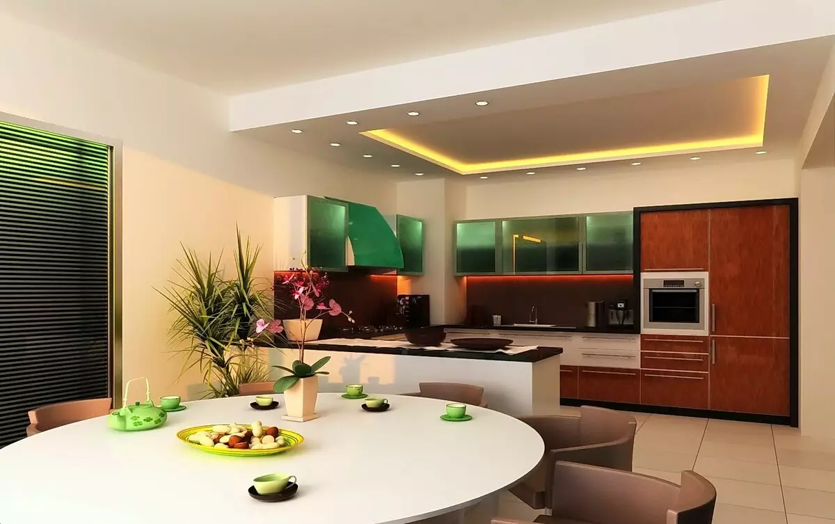 Стелі з гіпсокартону на кухні (75 фото): дворівневі підвісні гіпсокартонні стелі в дизайні кухні, варіанти фігур на стелі 21137_59