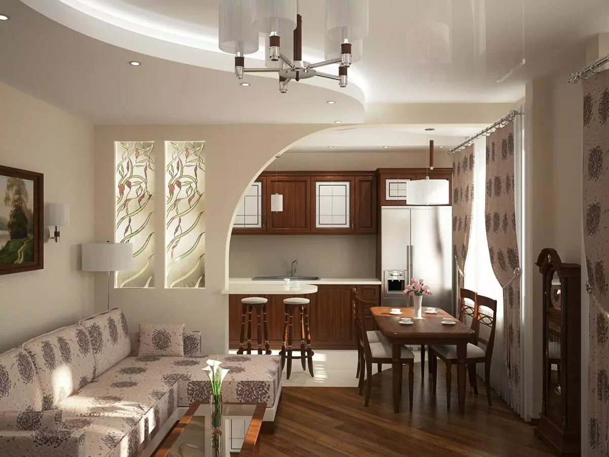 Стелі з гіпсокартону на кухні (75 фото): дворівневі підвісні гіпсокартонні стелі в дизайні кухні, варіанти фігур на стелі 21137_70