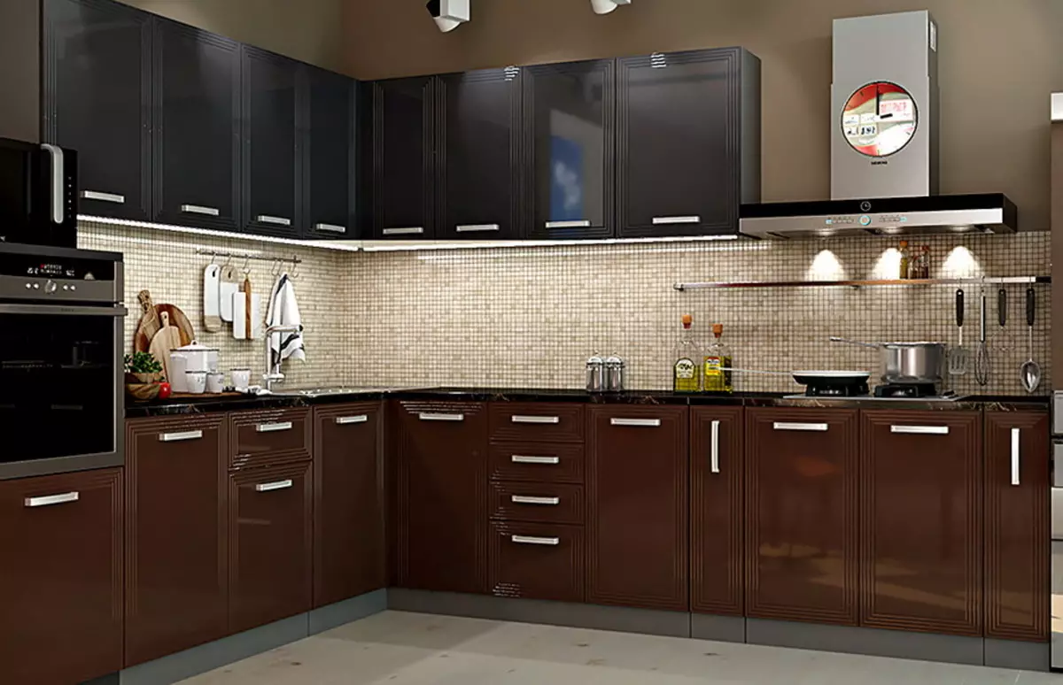 Brown Virtuvės (91 nuotraukos): virtuvės ausinės šviesos, tamsos ir pilkos rudos spalvos interjere. Kokiuose tonuose ir dizaine pasirinkite sienų tapetą? 21143_10